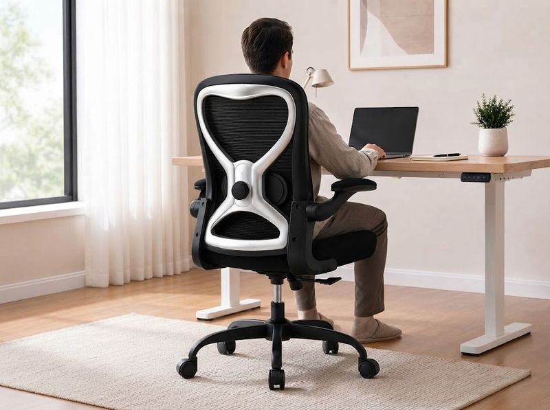 Close-up of the side lumbar dial with a hand turning it, mesh backrest and p
