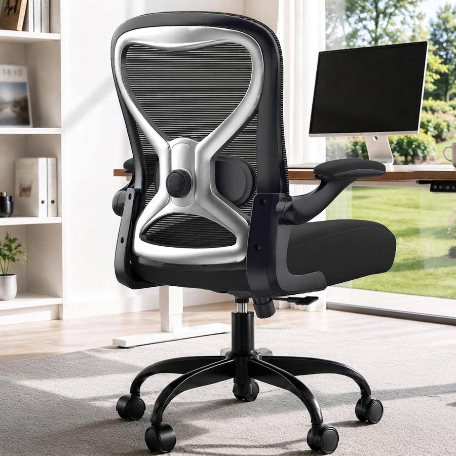 Backlit hourglass mesh backrest showing the weave and its S-curve profile